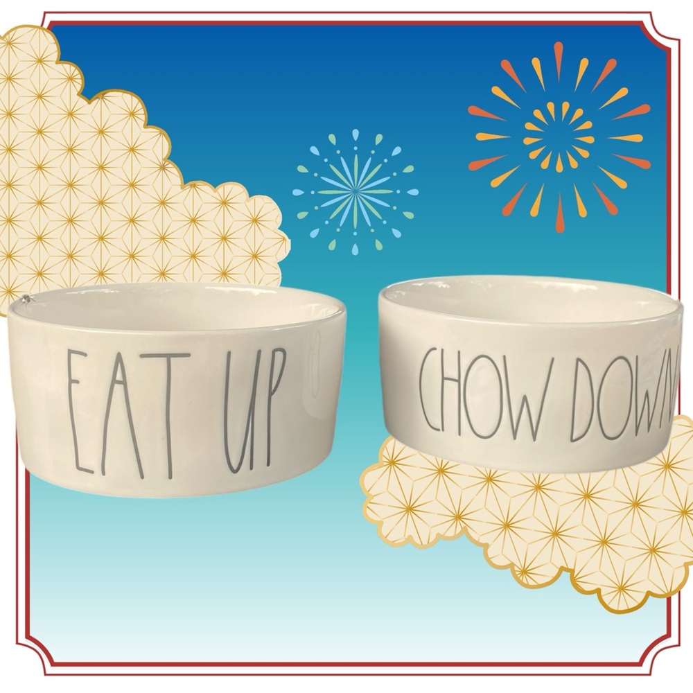 Eat Up & Chow Down Rae Dunn set of 2 dog dishes Ceramic